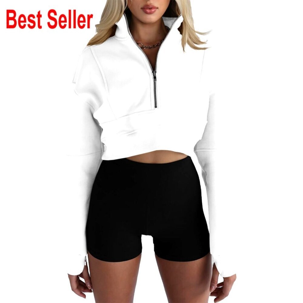 Half Zip Cropped Sweatshirt Long Sleeve Thumb Hole Fleece Lined